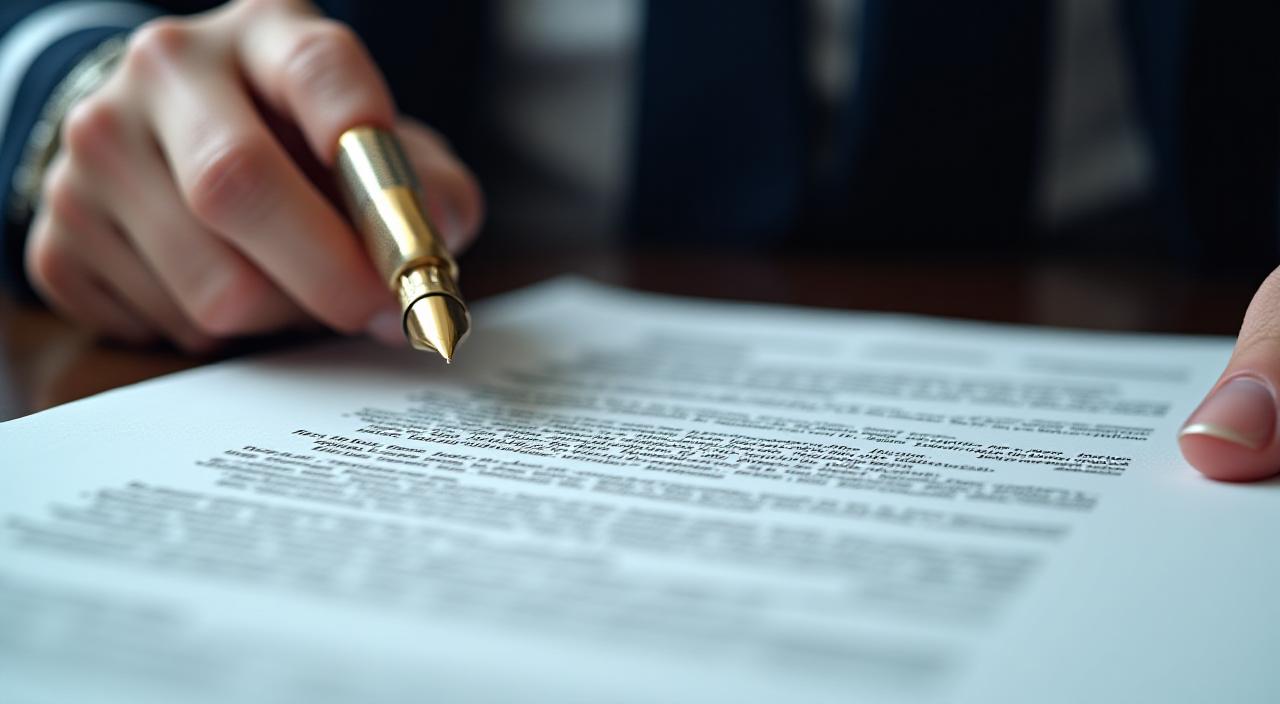 Close up of a professional reviewing a complex legal document with a gold fountain pen